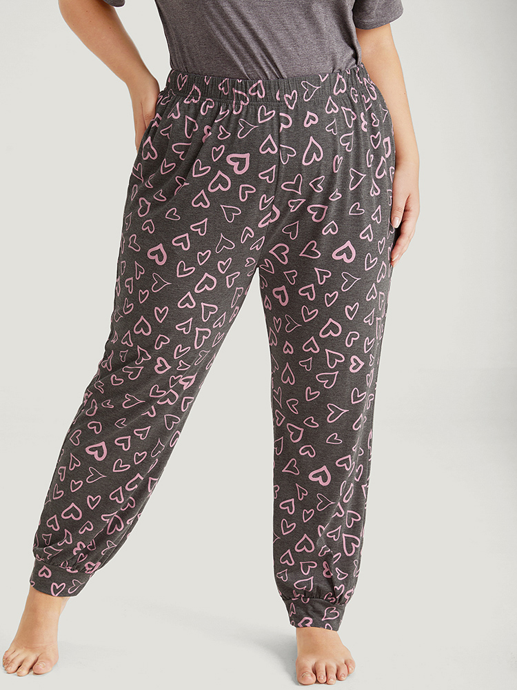 

Plus Size Heart Print Pocket Sleep Carrot Pants Gray Pocket Casual Heart Print Sleep Bottoms  Bloomchic