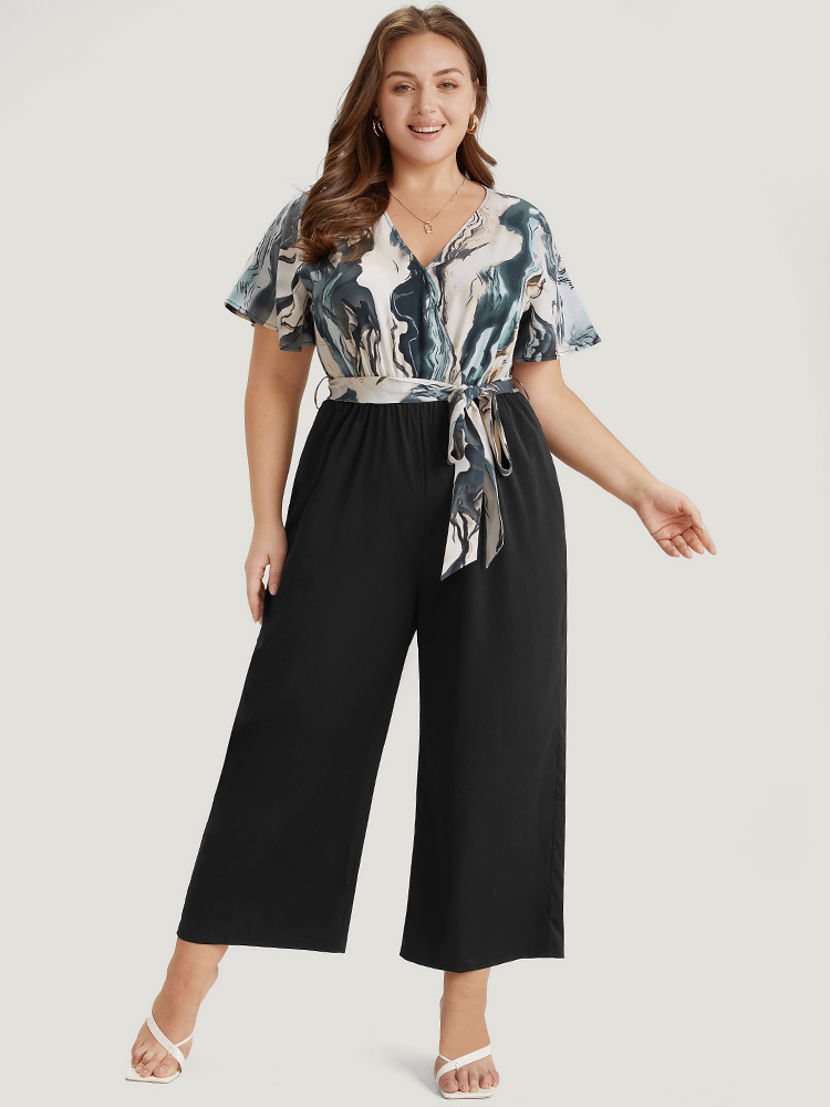 

Plus Size Aegean Marble Print Patchwork Wrap Ruffle Sleeve Belted Jumpsuit Women Elegant Short sleeve V-neck Dailywear Loose Jumpsuits BloomChic