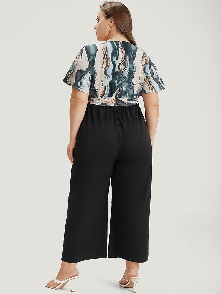 

Plus Size Aegean Marble Print Patchwork Wrap Ruffle Sleeve Belted Jumpsuit Women Elegant Short sleeve V-neck Dailywear Loose Jumpsuits BloomChic