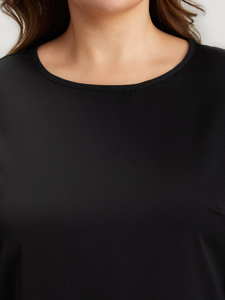 Plus Size Black Solid Crew Neck Ruffle Trim Blouse Women Office Cap Sleeve Round Neck Work Blouses BloomChic 14-16/1X 