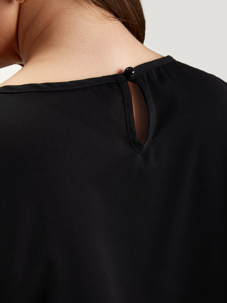 Plus Size Black Solid Crew Neck Ruffle Trim Blouse Women Office Cap Sleeve Round Neck Work Blouses BloomChic 14-16/1X 