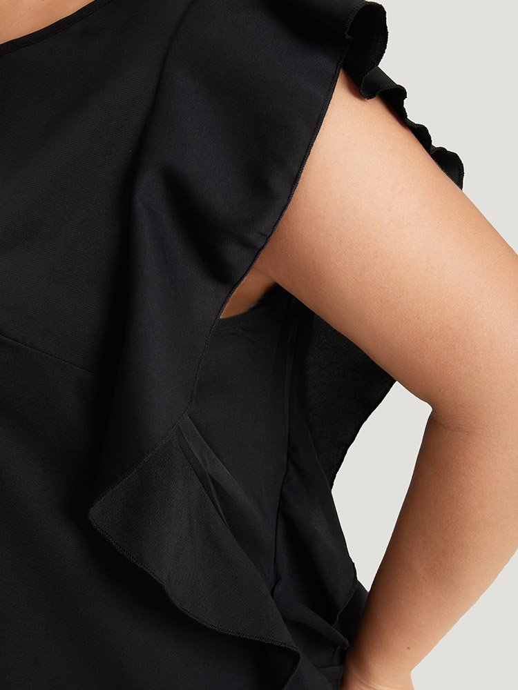 Plus Size Black Solid Crew Neck Ruffle Trim Blouse Women Office Cap Sleeve Round Neck Work Blouses BloomChic 14-16/1X 