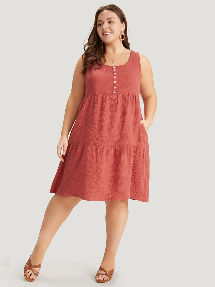 

Plus Size Solid Button Detail Layered Hem Tank Dress Rust Women Vacation Button Round Neck Sleeveless Curvy Knee Dress BloomChic