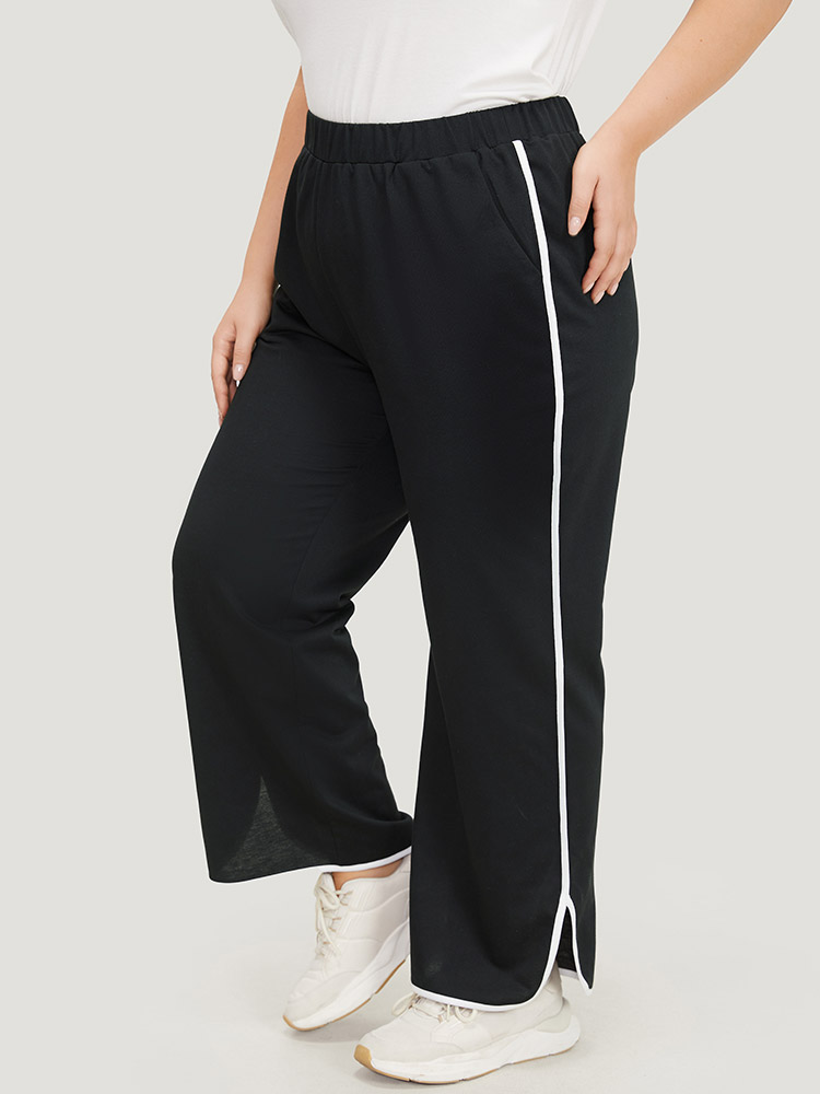 

Contrast Pocket Seam Detail Split Hem Sweatpants Black Plus Size Women Casual Dailywear Contrast  Bloomchic