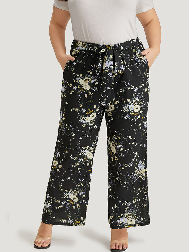 

Plus Size Floral Print Pocket Belted Pants Women Multicolor Elegant High Rise Dailywear Pants BloomChic