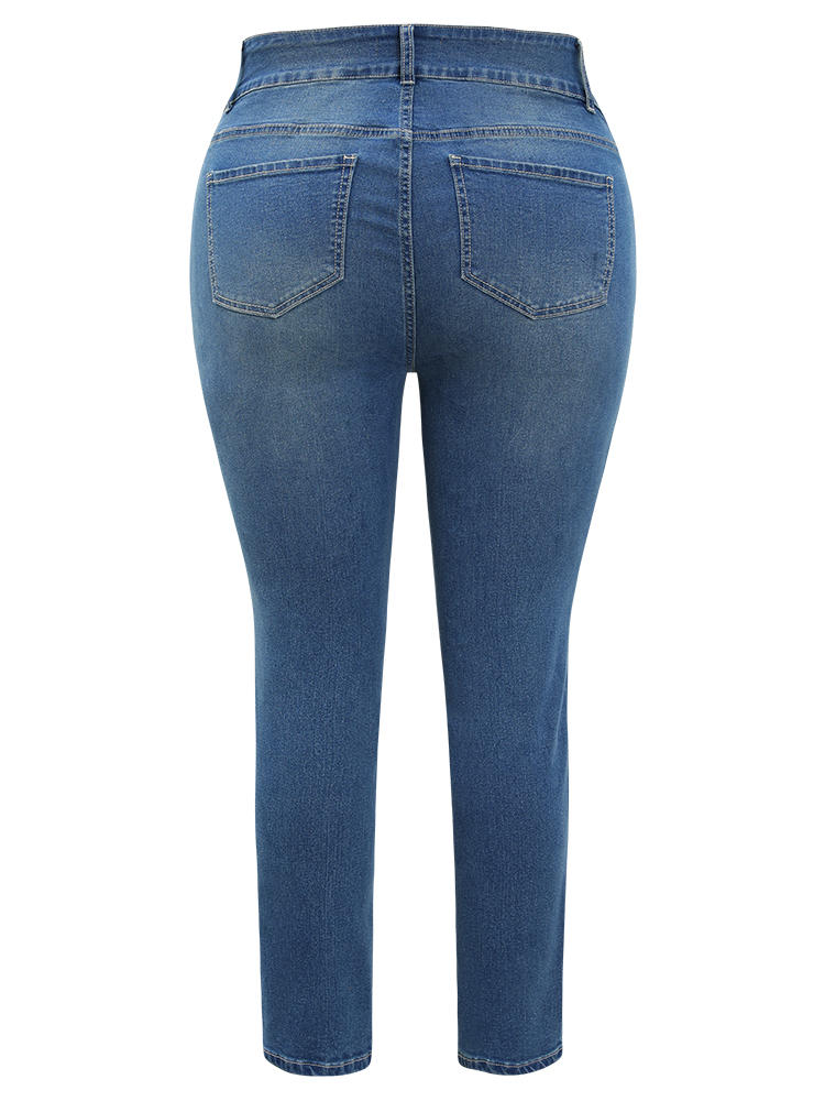 

Plus Size Very Stretchy High Rise Medium Wash Paint Patched Jeans Women Blue Casual Plain Printed High stretch Pocket Jeans BloomChic