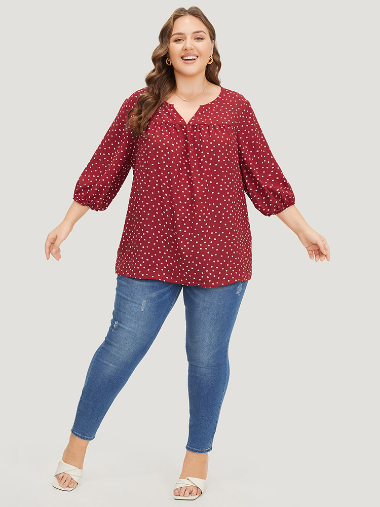 

Plus Size Scarlet Polka Dot Notched Plicated Detail Lantern Sleeve Blouse Women Elegant Elbow-length sleeve Notched collar Dailywear Blouses BloomChic