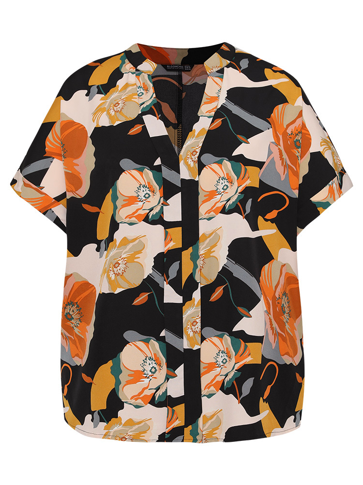 Plus Size Women Dailywear Floral Printed Dolman Sleeve Short sleeve Notched collar Elegant Blouses BloomChic 