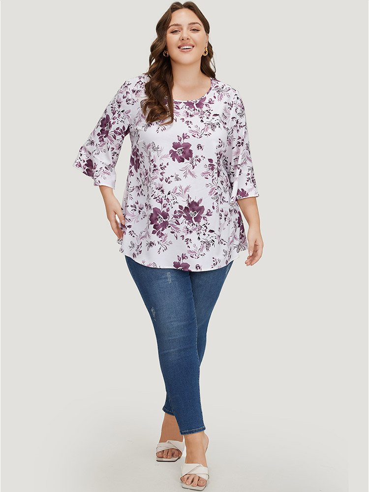 

Plus Size Multicolor Floral Print Bell Sleeve Crew Neck Blouse Women Elegant Elbow-length sleeve Round Neck Dailywear Blouses BloomChic