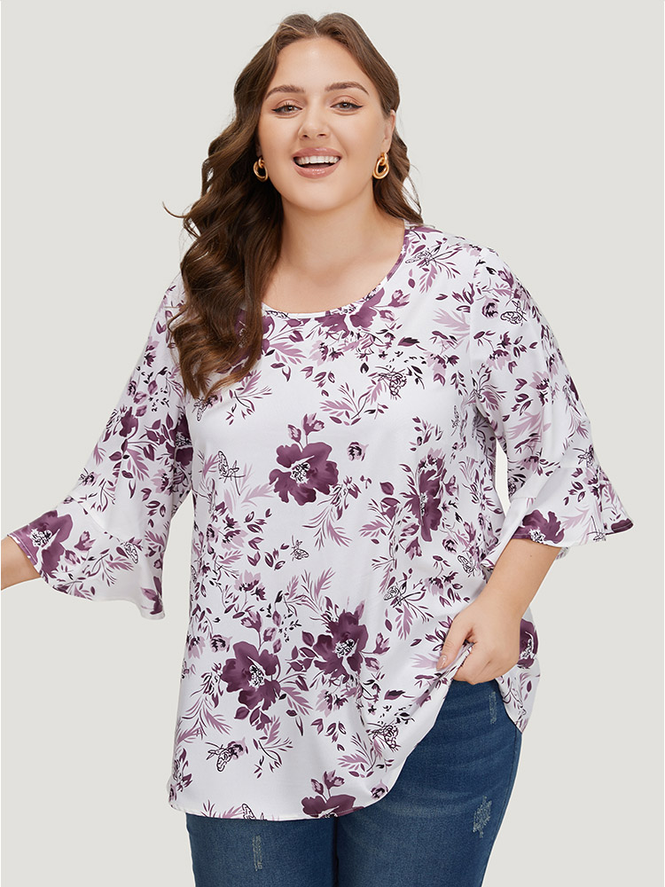 Plus Size Multicolor Floral Print Bell Sleeve Crew Neck Blouse Women Elegant Elbow-length sleeve Round Neck Dailywear Blouses BloomChic 30/6X 
