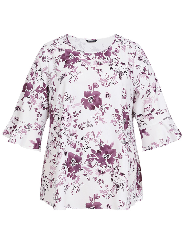 Plus Size Multicolor Floral Print Bell Sleeve Crew Neck Blouse Women Elegant Elbow-length sleeve Round Neck Dailywear Blouses BloomChic 30/6X 