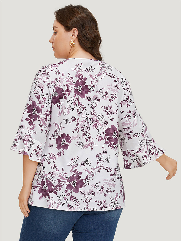 Plus Size Multicolor Floral Print Bell Sleeve Crew Neck Blouse Women Elegant Elbow-length sleeve Round Neck Dailywear Blouses BloomChic 30/6X 