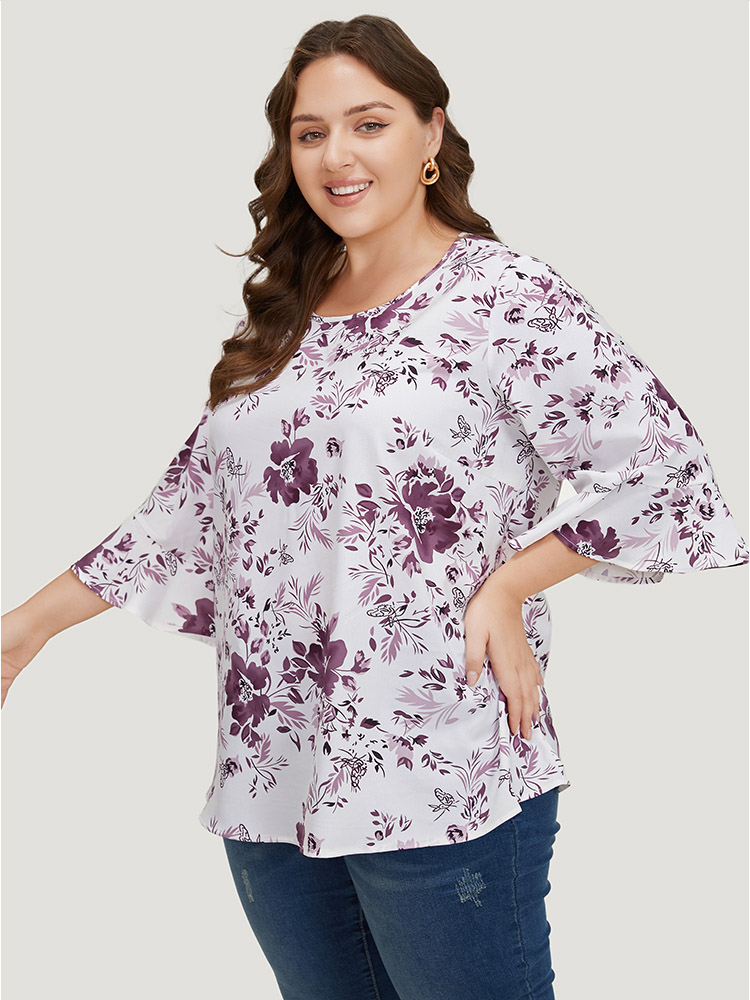 Plus Size Multicolor Floral Print Bell Sleeve Crew Neck Blouse Women Elegant Elbow-length sleeve Round Neck Dailywear Blouses BloomChic 30/6X 