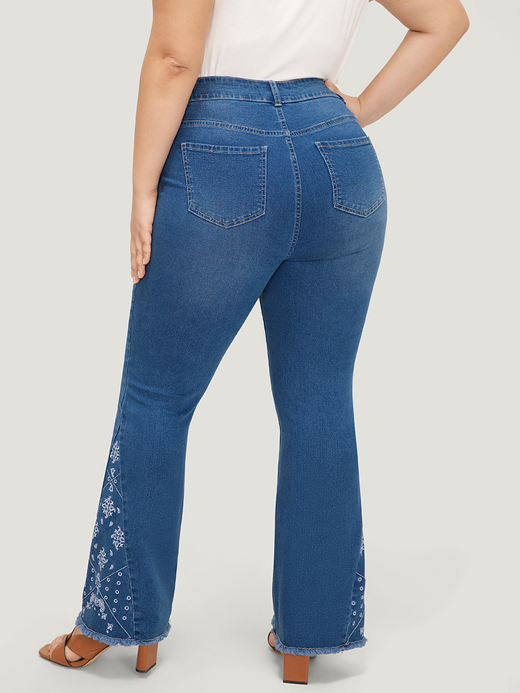 

Plus Size Flare Leg Very Stretchy High Rise Embroidered Jeans Women Blue Casual Bohemian Print Embroidered High stretch Pocket Jeans BloomChic