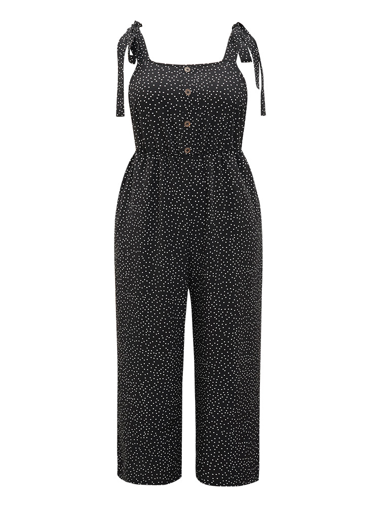 Plus Size Black Polka Dot Pocket Button Detail Overall Jumpsuit Women Casual Sleeveless Square Neck Dailywear Loose Jumpsuits BloomChic 18-20/2X 
