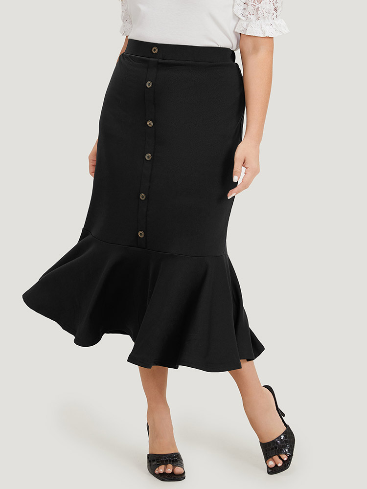 

Plus Size Plain Button Detail Flutter Hem Patchwork Skirt Women Black Elegant Elastic Waist Low stretch Dailywear Skirts BloomChic