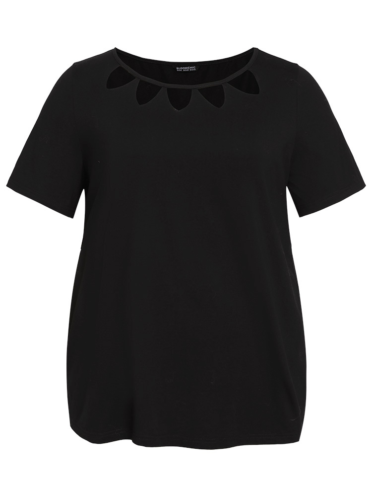 Plus Size Supersoft Essentials Solid Crew Neck Cut Out T-shirt Black Women Casual Cut-Out Plain Round Neck Dailywear T-shirts BloomChic 18-20/2X 