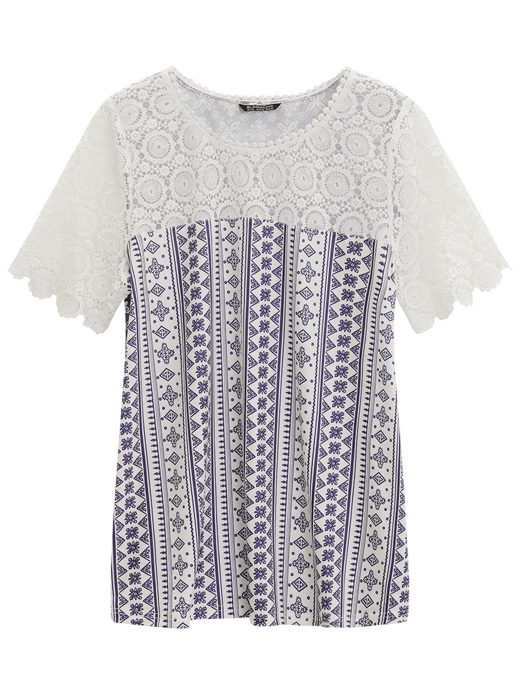 Plus Size Bandana Print Lace Patchwork Pompom Trim T-shirt DarkBlue Women Elegant Lace Bohemian Print Round Neck Dailywear T-shirts BloomChic 14-16/1X 