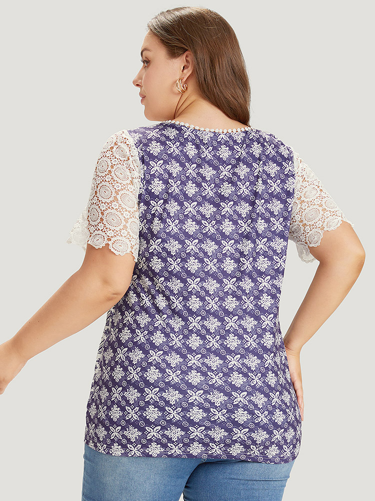 Plus Size Bandana Print Lace Patchwork Pompom Trim T-shirt DarkBlue Women Elegant Lace Bohemian Print Round Neck Dailywear T-shirts BloomChic 14-16/1X 