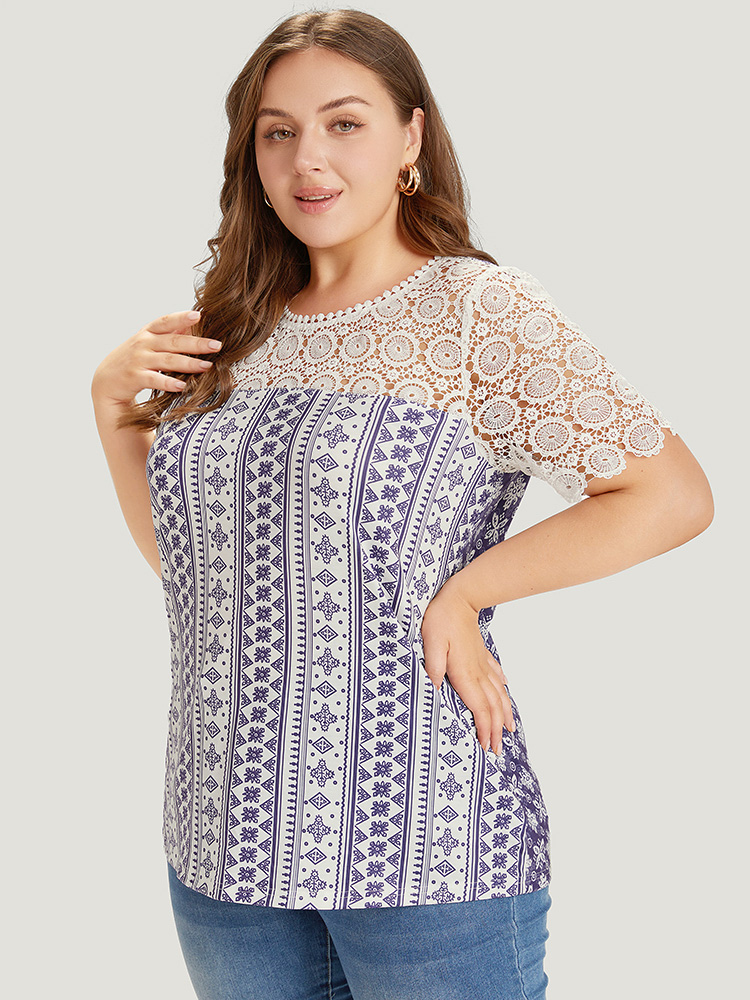 Plus Size Bandana Print Lace Patchwork Pompom Trim T-shirt DarkBlue Women Elegant Lace Bohemian Print Round Neck Dailywear T-shirts BloomChic 14-16/1X 