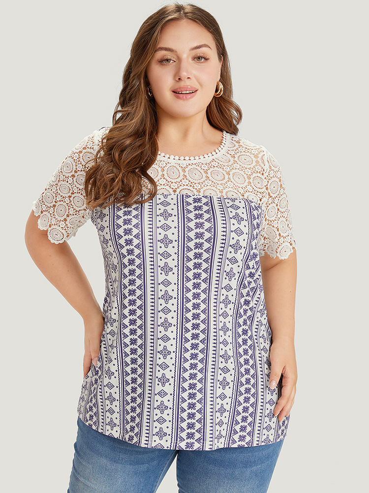 Plus Size Bandana Print Lace Patchwork Pompom Trim T-shirt DarkBlue Women Elegant Lace Bohemian Print Round Neck Dailywear T-shirts BloomChic 14-16/1X 