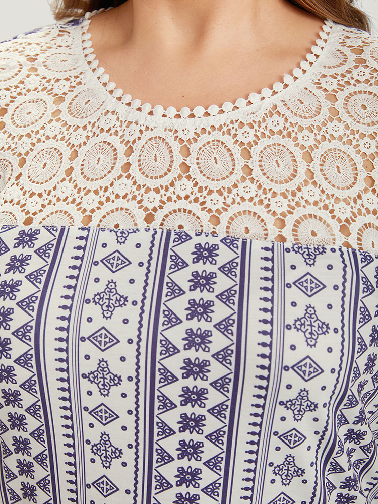 Plus Size Bandana Print Lace Patchwork Pompom Trim T-shirt DarkBlue Women Elegant Lace Bohemian Print Round Neck Dailywear T-shirts BloomChic 14-16/1X 