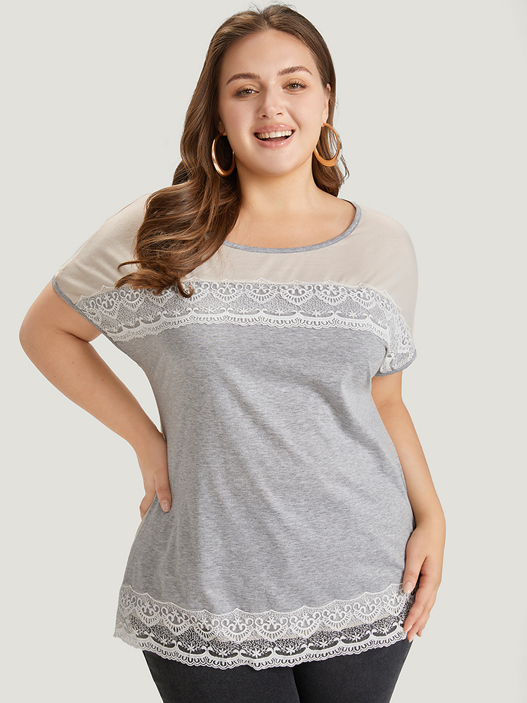 

Plus Size Lace Panel Contrast Batwing Sleeve T-shirt Gray Women Elegant Contrast Plain Round Neck Dailywear T-shirts BloomChic