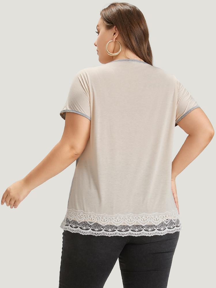 

Plus Size Lace Panel Contrast Batwing Sleeve T-shirt Gray Women Elegant Contrast Plain Round Neck Dailywear T-shirts BloomChic