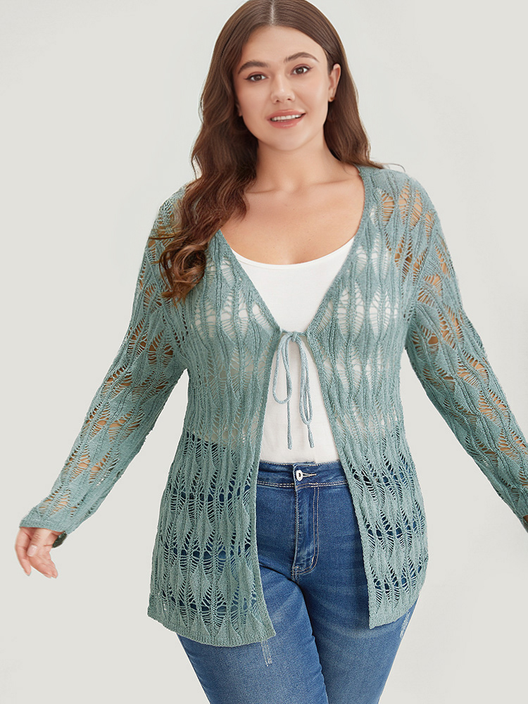 Plus Size Solid Tie Front Hollow Out Cardigan Stone Women Casual Loose Long Sleeve Everyday Cardigans BloomChic 22-24/3X 