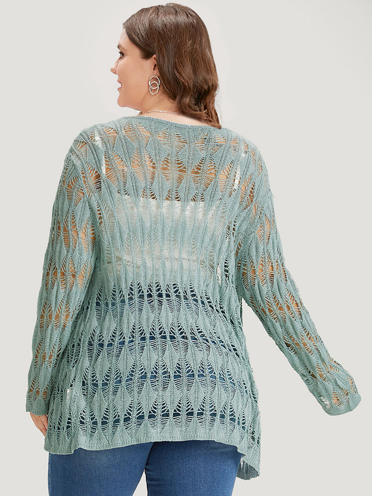 Plus Size Solid Tie Front Hollow Out Cardigan Stone Women Casual Loose Long Sleeve Everyday Cardigans BloomChic 22-24/3X 