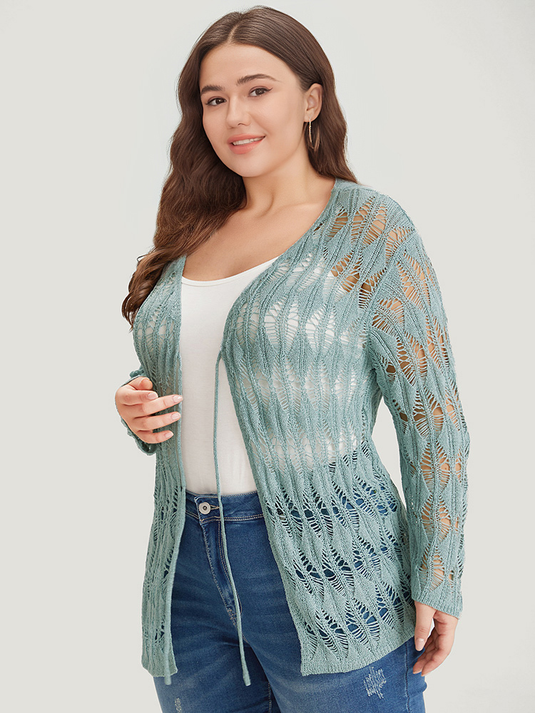 Plus Size Solid Tie Front Hollow Out Cardigan Stone Women Casual Loose Long Sleeve Everyday Cardigans BloomChic 22-24/3X 