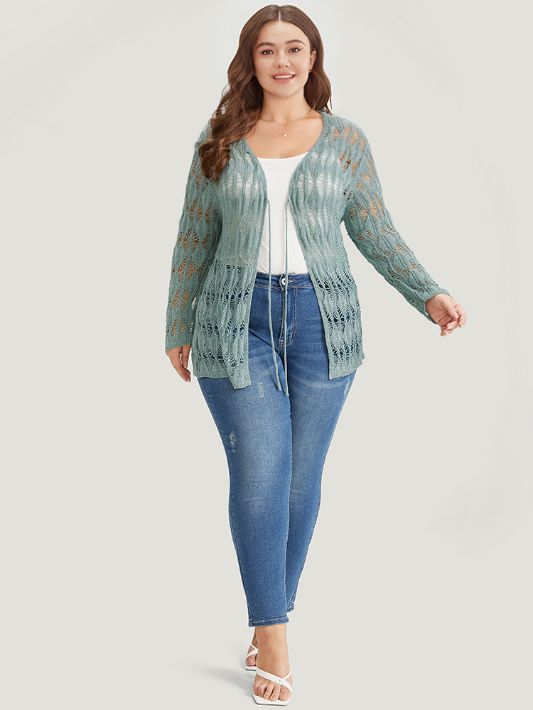 Plus Size Solid Tie Front Hollow Out Cardigan Stone Women Casual Loose Long Sleeve Everyday Cardigans BloomChic 22-24/3X 