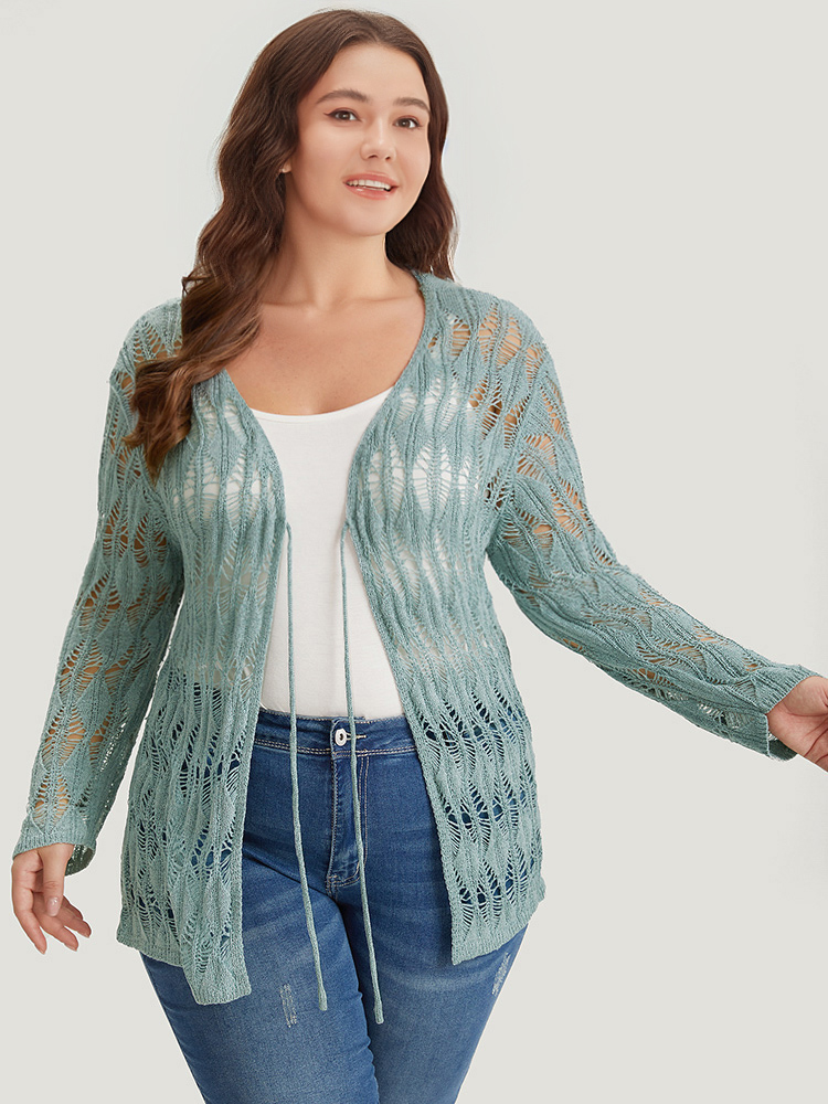 Plus Size Solid Tie Front Hollow Out Cardigan Stone Women Casual Loose Long Sleeve Everyday Cardigans BloomChic 22-24/3X 