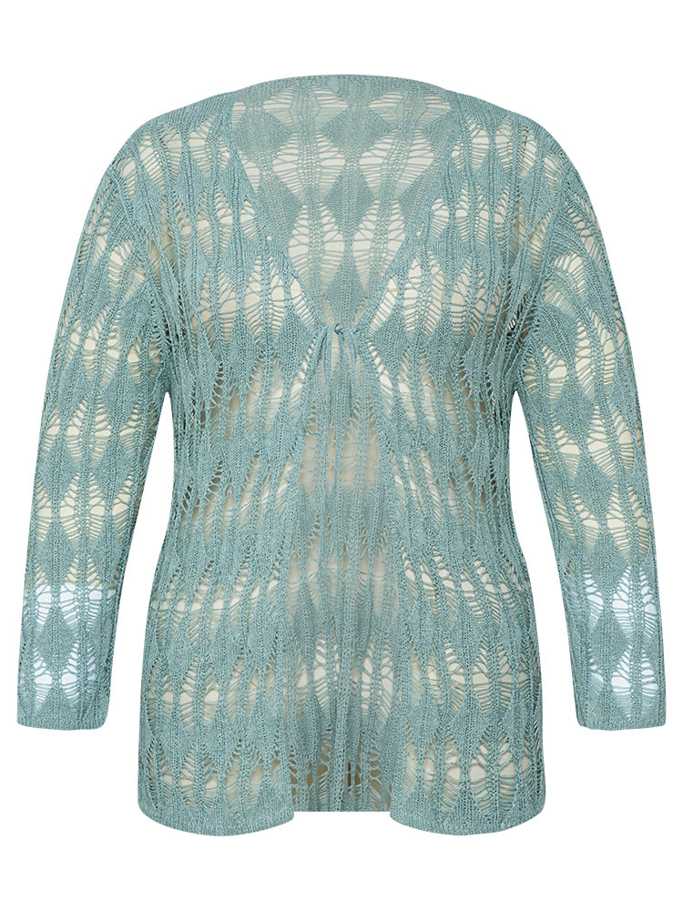 Plus Size Solid Tie Front Hollow Out Cardigan Stone Women Casual Loose Long Sleeve Everyday Cardigans BloomChic 22-24/3X 