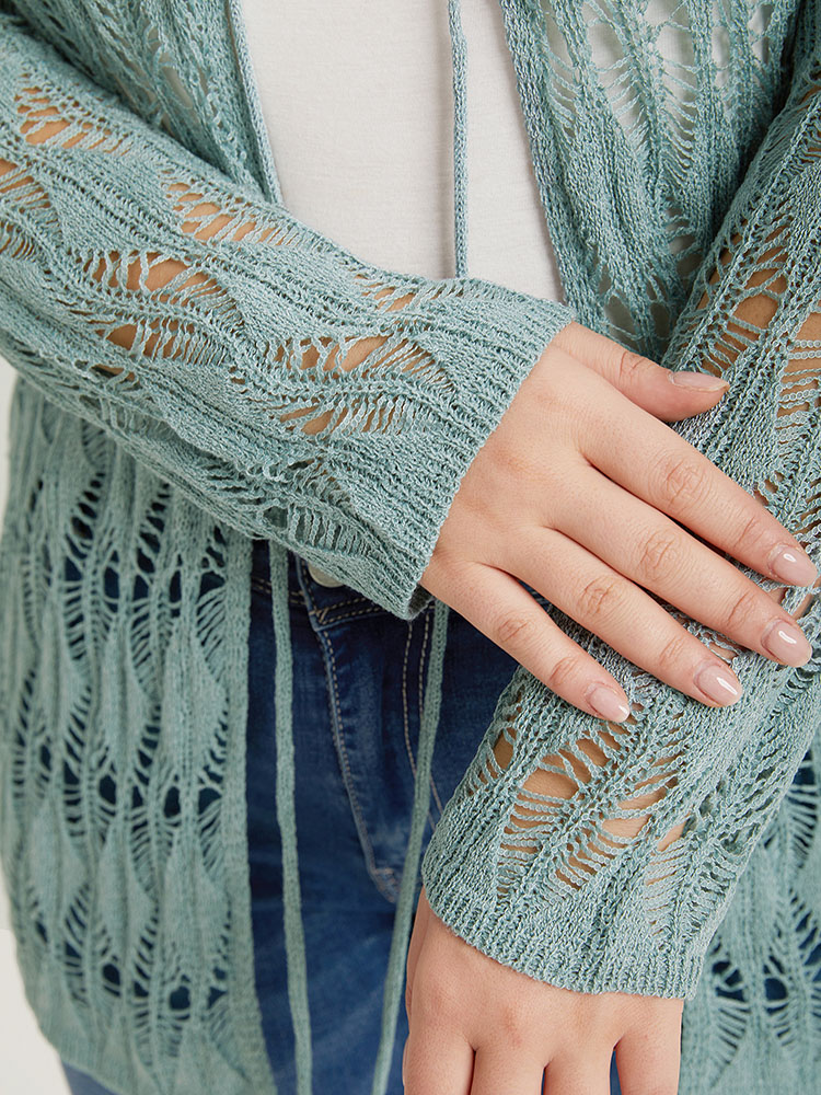 Plus Size Solid Tie Front Hollow Out Cardigan Stone Women Casual Loose Long Sleeve Everyday Cardigans BloomChic 22-24/3X 