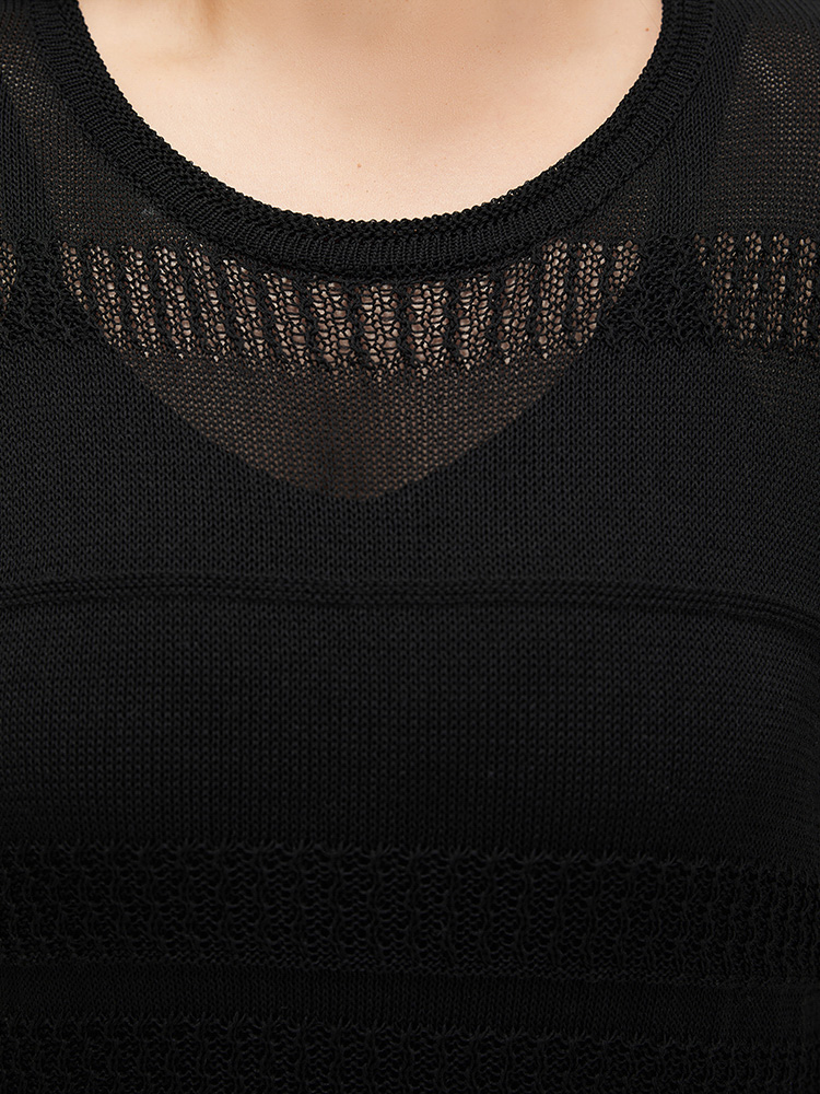 

Plus Size Plain Geometric Eyelet Patchwork Batwing Sleeve Pullover Black Women Casual Loose Short sleeve Round Neck Dailywear Pullovers BloomChic