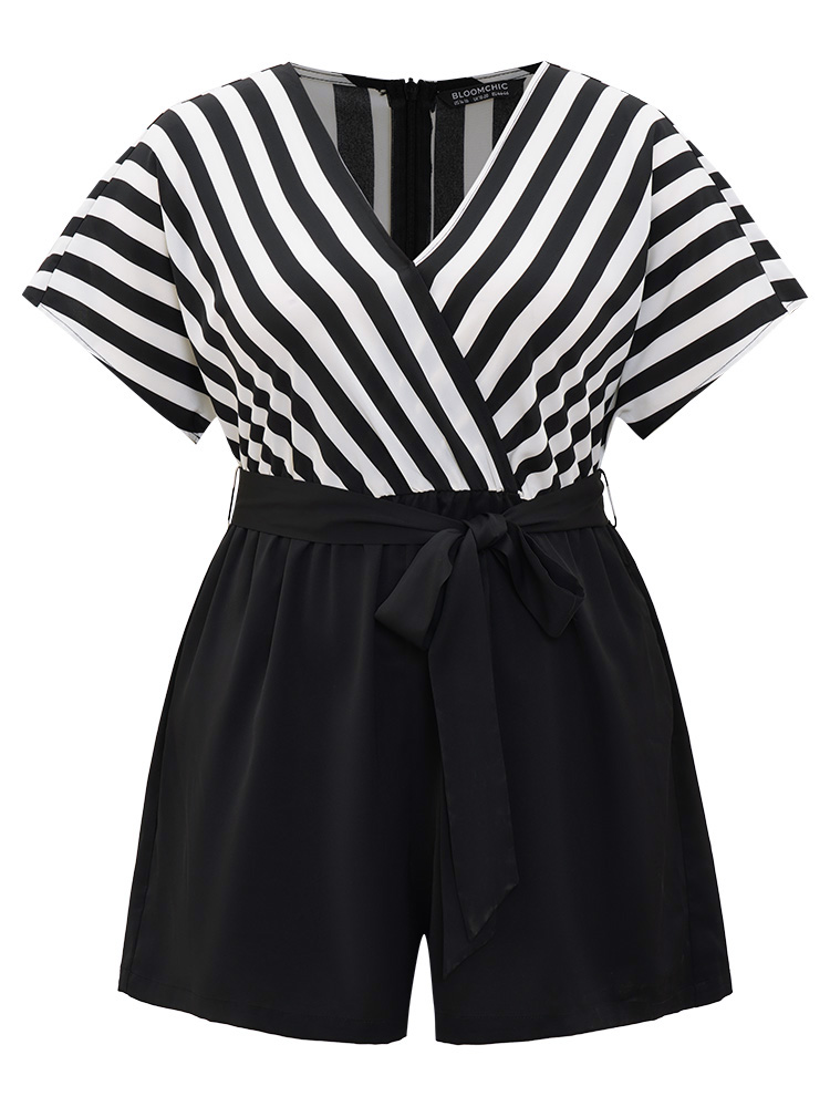 

Plus Size Striped Patchwork Pocket Batwing Sleeve Belted Romper Black Striped Pocket Elegant Dailywear  Rompers Bloomchic