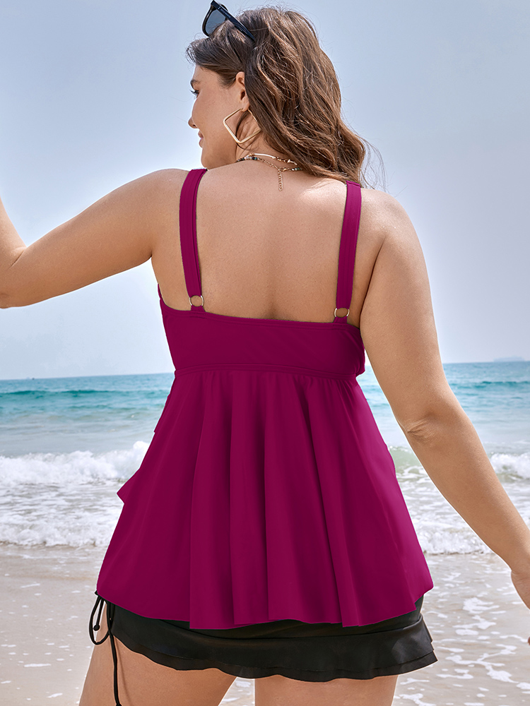 

Plus Size Knotted Front Ruffle Tiered Tankini Top Women's Swimwear RedViolet Beach Ruffles High stretch Bodycon V-neck Curve Swim Tops BloomChic