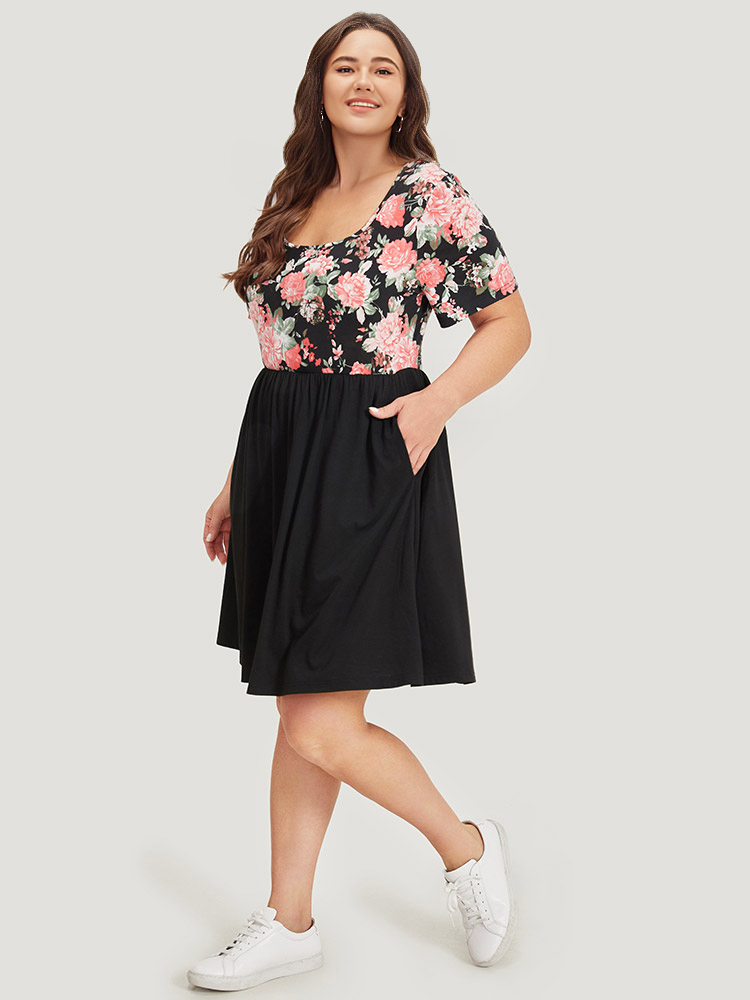 Plus Size Women Dailywear Plain Contrast Regular Sleeve Short sleeve Square Neck Pocket Casual Dresses BloomChic 
