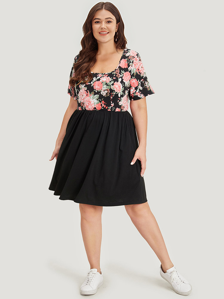 Plus Size Women Dailywear Plain Contrast Regular Sleeve Short sleeve Square Neck Pocket Casual Dresses BloomChic 