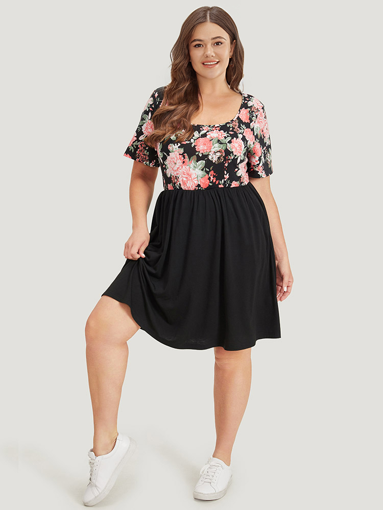 Plus Size Women Dailywear Plain Contrast Regular Sleeve Short sleeve Square Neck Pocket Casual Dresses BloomChic 