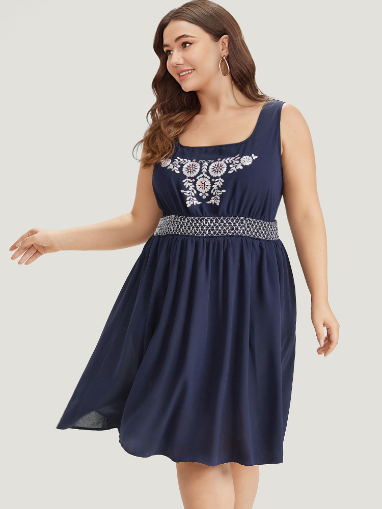 

Plus Size Floral Embroidered Pocket Ruffle Contrast Shirred Tank Dress Indigo Women Vacation Gathered Square Neck Sleeveless Curvy Knee Dress BloomChic