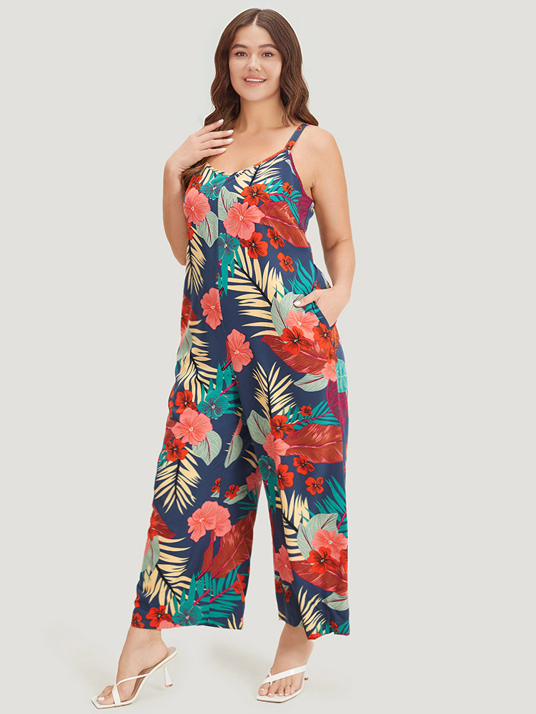 

Plus Size Indigo Floral Print Pocket Cami Jumpsuit Women Elegant Sleeveless Spaghetti Strap Dailywear Loose Jumpsuits BloomChic