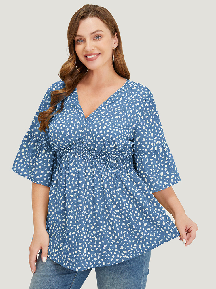 

Plus Size Cerulean Leopard Print Bell Sleeve Shirred Blouse Women Elegant Elbow-length sleeve V-neck Everyday Blouses BloomChic