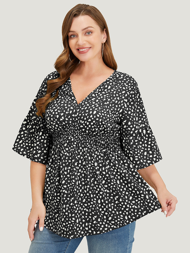 

Plus Size Black Leopard Print Bell Sleeve Shirred Blouse Women Elegant Elbow-length sleeve V-neck Everyday Blouses BloomChic