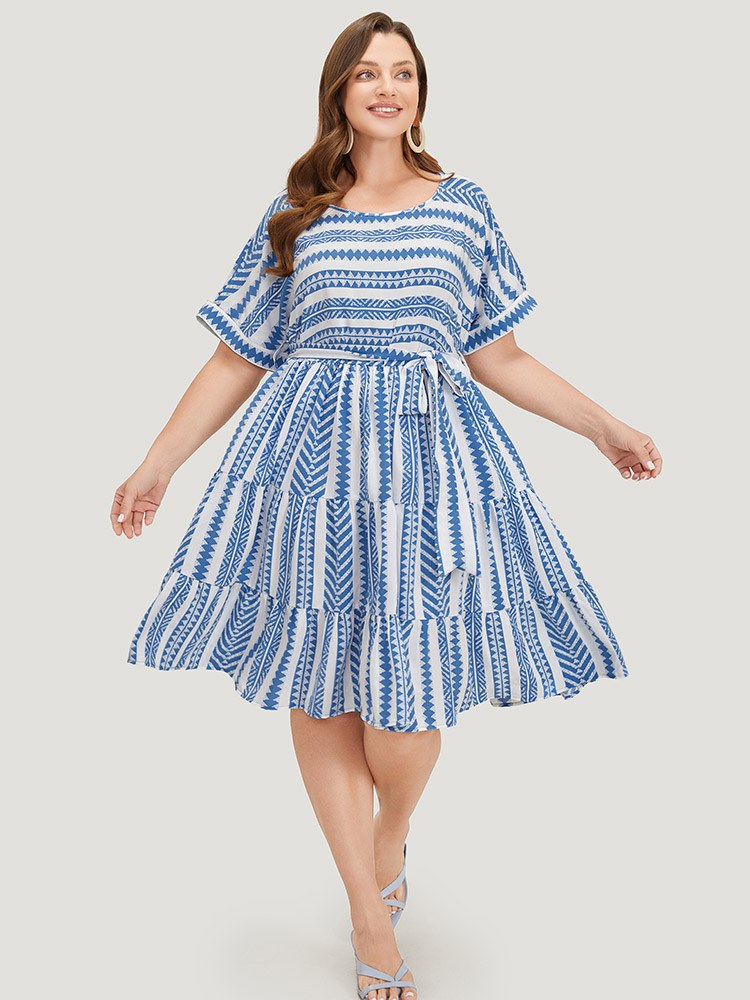 

Plus Size Striped Geo Pocket Belt Pocket Layered Hem Dress LightBlue Women Vacation Tiered Round Neck Short sleeve Curvy Knee Dress BloomChic