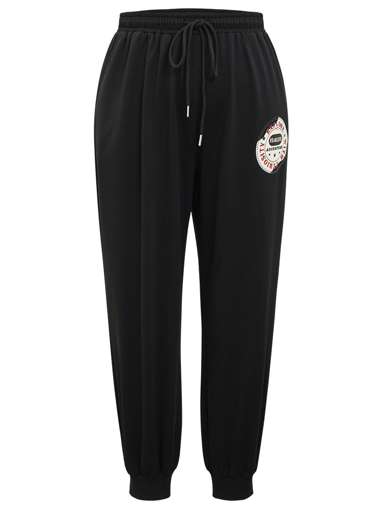 

Plain Drawstring Patched Detail Pocket Sweatpants Black Plus Size Women Casual Dailywear Printed  Bloomchic