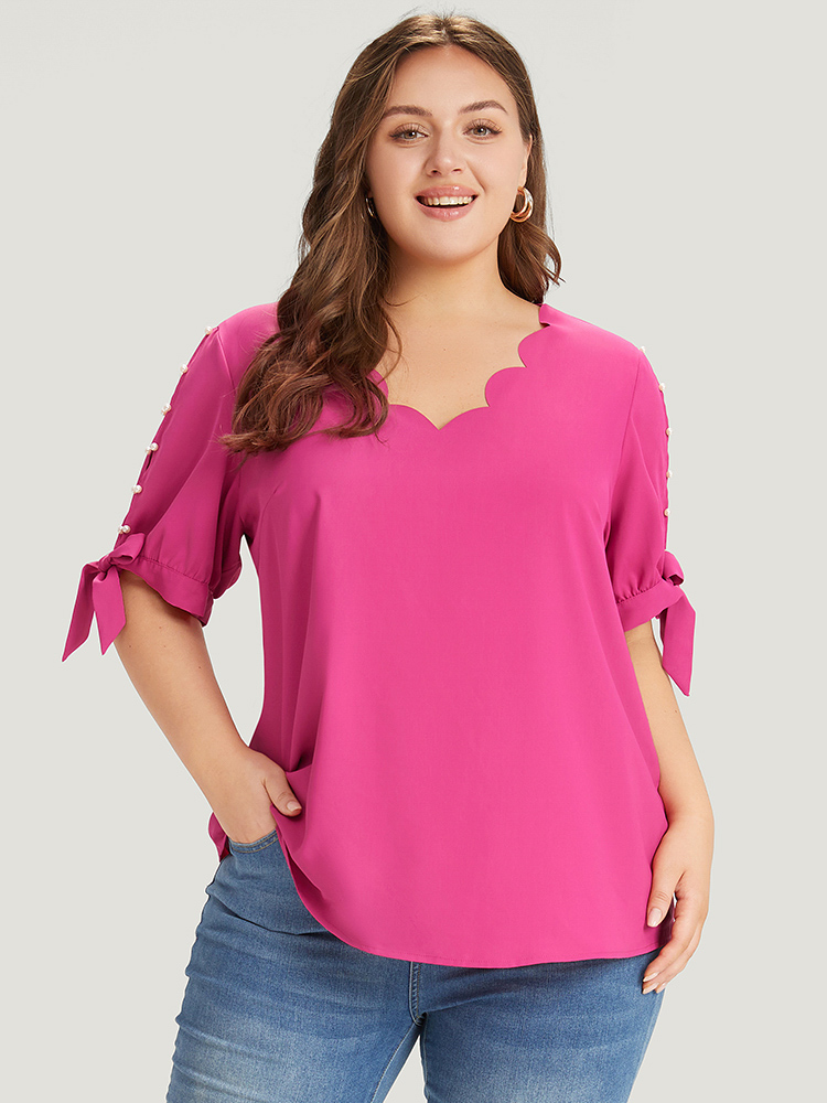 

Plus Size RedViolet Plain Scalloped Trim Pearl Beaded Knot Sleeve Blouse Women Elegant Short sleeve V-neck Dailywear Blouses BloomChic