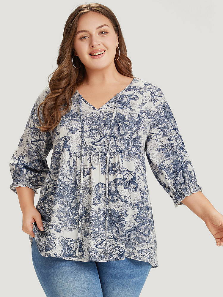 Plus Size Multicolor Print Knot Neck Lantern Sleeve Ruffle Hem Blouse Women Vacation Half Sleeve V-neck Dailywear Blouses BloomChic 22-24/3X 