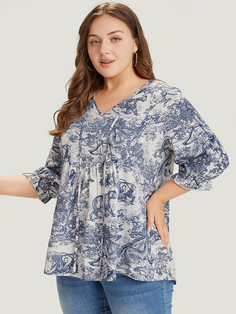 Plus Size Multicolor Print Knot Neck Lantern Sleeve Ruffle Hem Blouse Women Vacation Half Sleeve V-neck Dailywear Blouses BloomChic 22-24/3X 